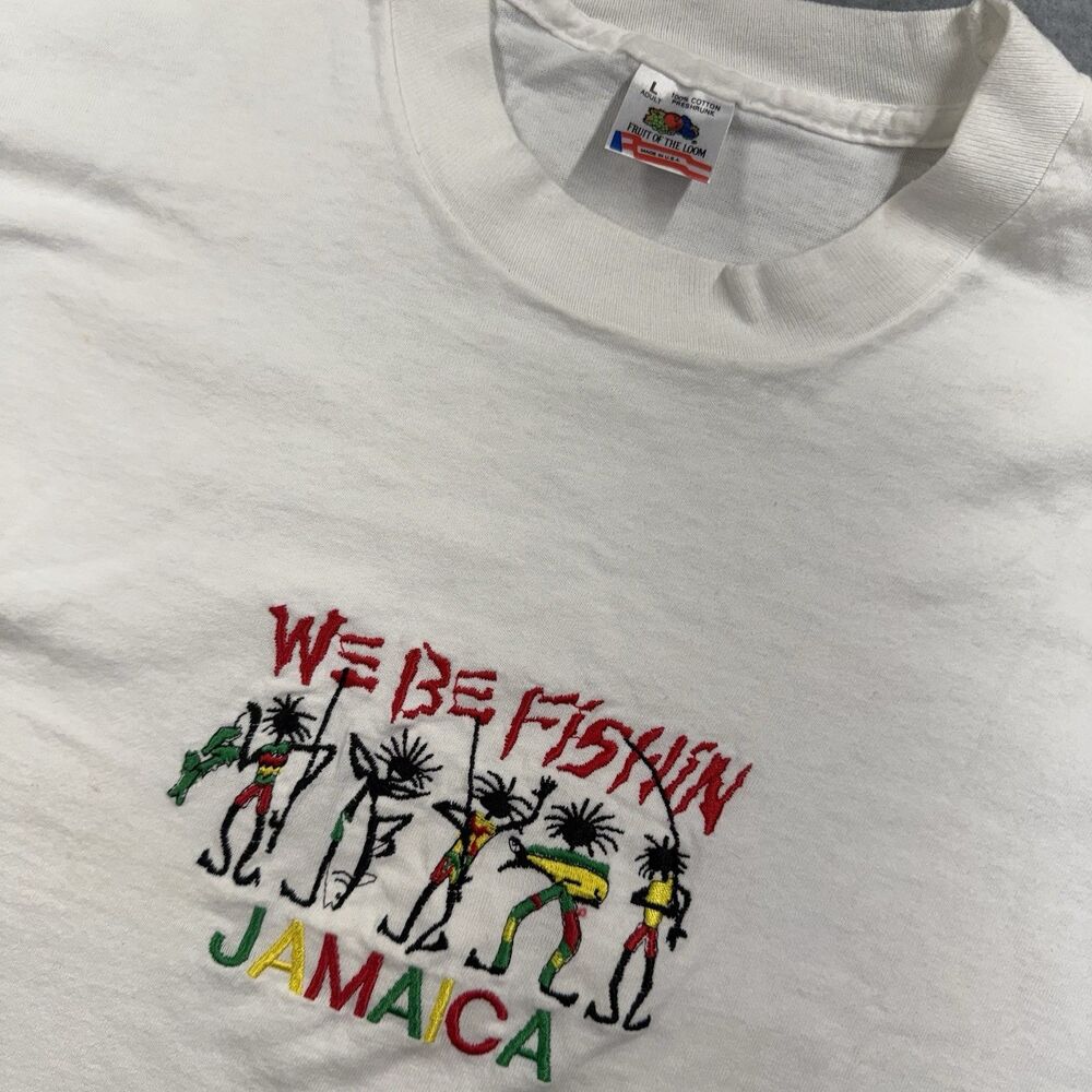VTG Fruit of the Loom We Be Fishin Jamaica Graphic Tee White Made in USA Men's L